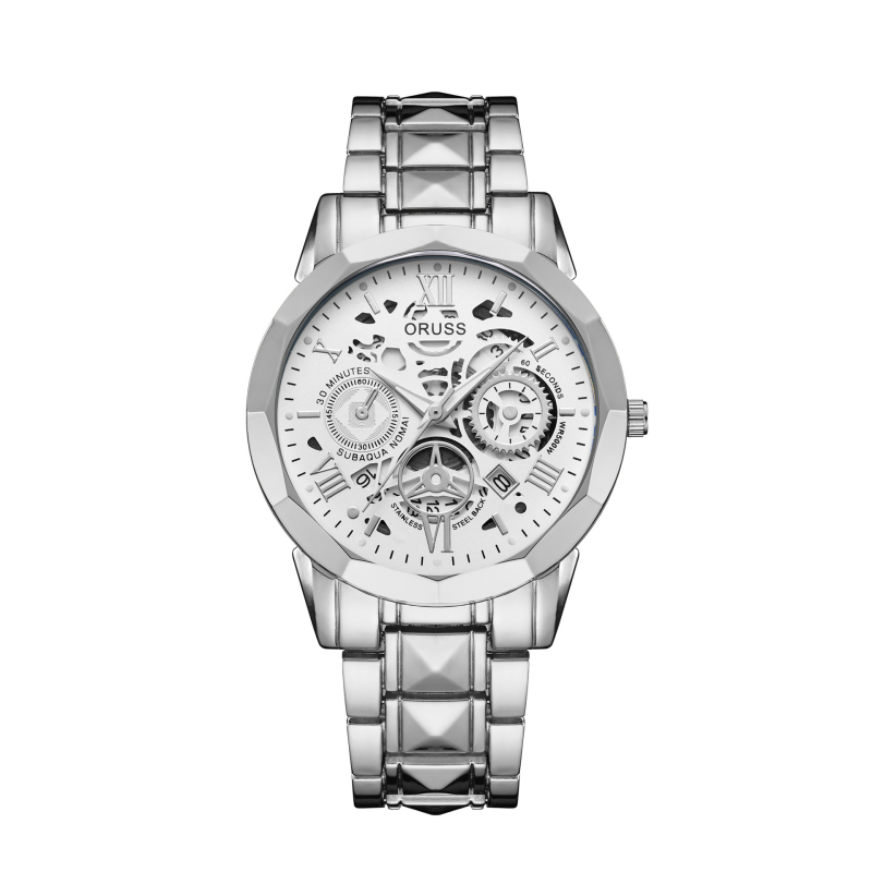 Ceas de bărbat Oruss cu design decupat, cadran luminos, cuarț Pearl, calendar, formă rotundă, carcasă și curea din aliaj, coroană în formă de ceapă, rezistență la apă 30 m