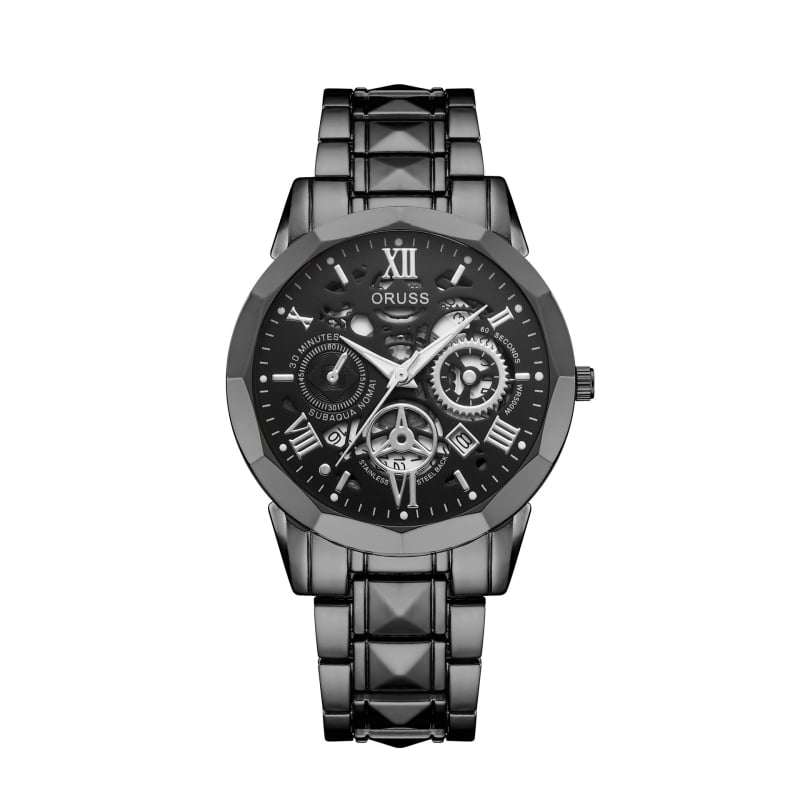 Ceas de bărbat Oruss cu design decupat, cadran luminos, cuarț Pearl, calendar, formă rotundă, carcasă și curea din aliaj, coroană în formă de ceapă, rezistență la apă 30 m