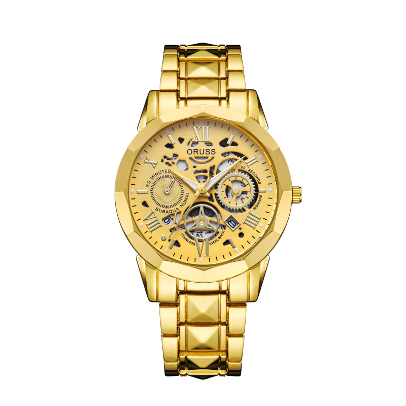 Ceas de bărbat Oruss cu design decupat, cadran luminos, cuarț Pearl, calendar, formă rotundă, carcasă și curea din aliaj, coroană în formă de ceapă, rezistență la apă 30 m