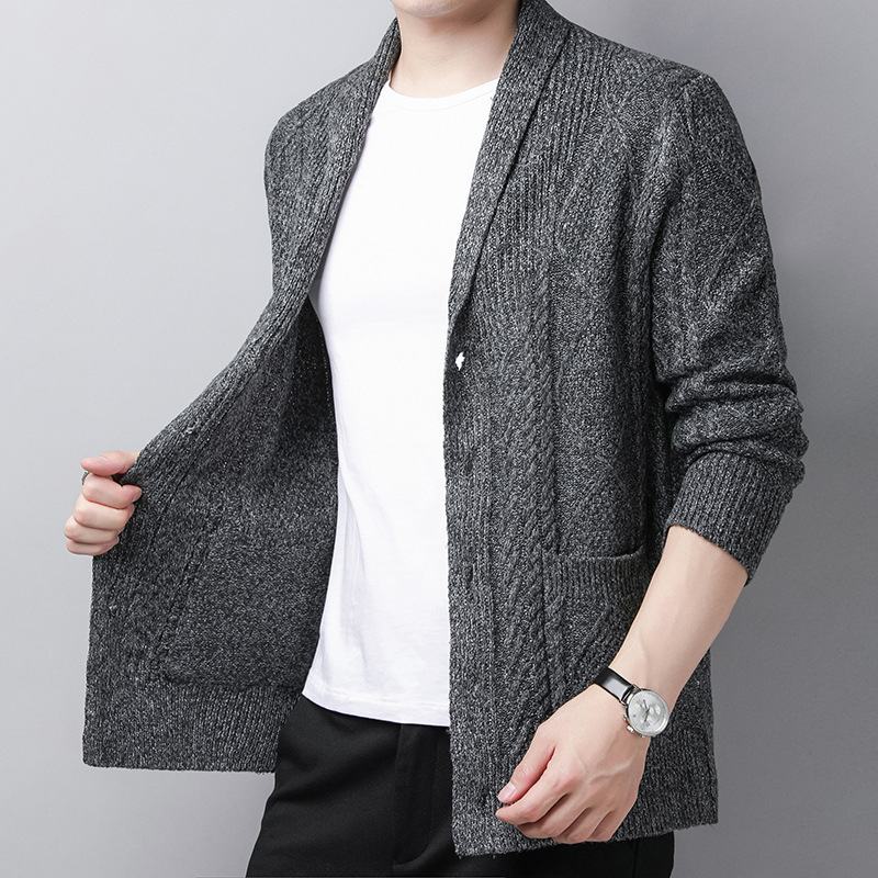 Muški kardigan u korejskom stilu, slim-fit, dugi rukavi, V-izrez, debeli pleteni materijal, smjesa acetata, 100% acetat