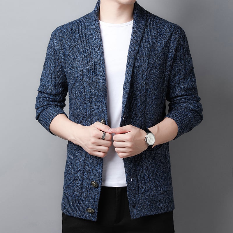 Muški kardigan u korejskom stilu, slim-fit, dugi rukavi, V-izrez, debeli pleteni materijal, smjesa acetata, 100% acetat