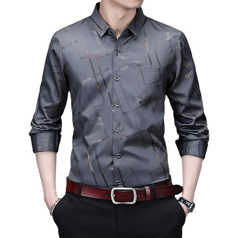 Vyriski dryžuoti ilgomis rankovėmis marškiniai, poliesterio mišinys, be lyginimo, kirpimo tipas, pavasaris-ruduo