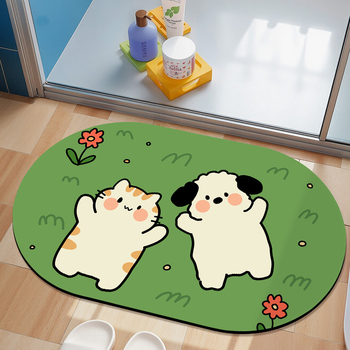 Овална подложка за баня с мотив карикатурни животни, абсорбираща и антихлъзгаща, измиваща се, материал: натурална гума + техническа тъкан