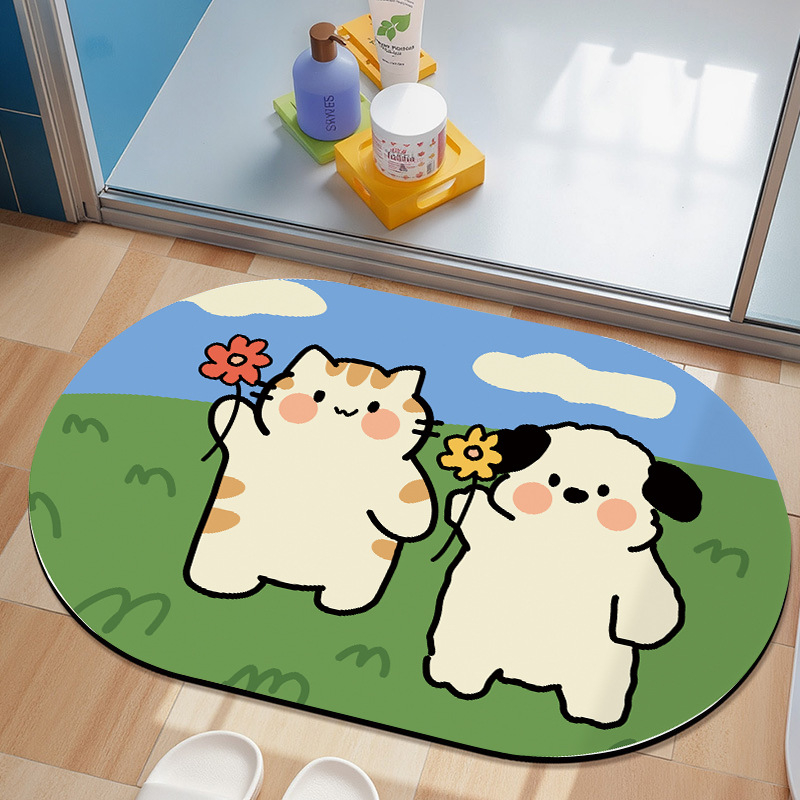 Овална подложка за баня с мотив карикатурни животни, абсорбираща и антихлъзгаща, измиваща се, материал: натурална гума + техническа тъкан