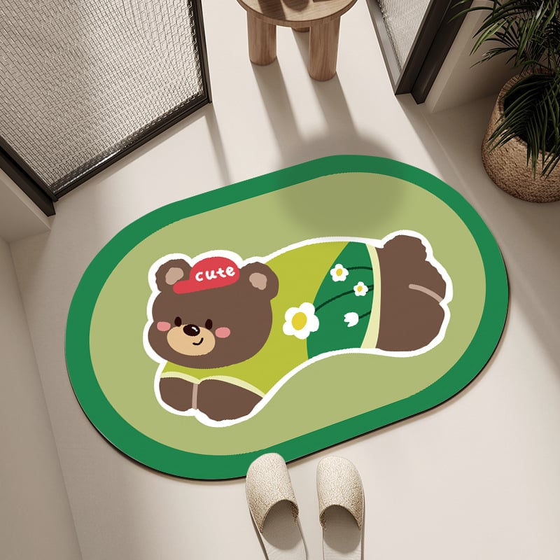 Овална подложка за баня с мотив карикатурни животни, абсорбираща и антихлъзгаща, измиваща се, материал: натурална гума + техническа тъкан
