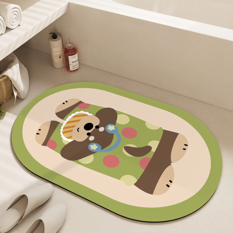 Овална подложка за баня с мотив карикатурни животни, абсорбираща и антихлъзгаща, измиваща се, материал: натурална гума + техническа тъкан