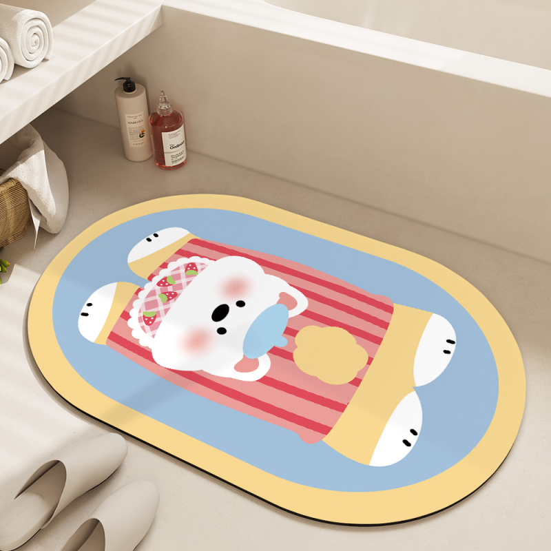 Овална подложка за баня с мотив карикатурни животни, абсорбираща и антихлъзгаща, измиваща се, материал: натурална гума + техническа тъкан