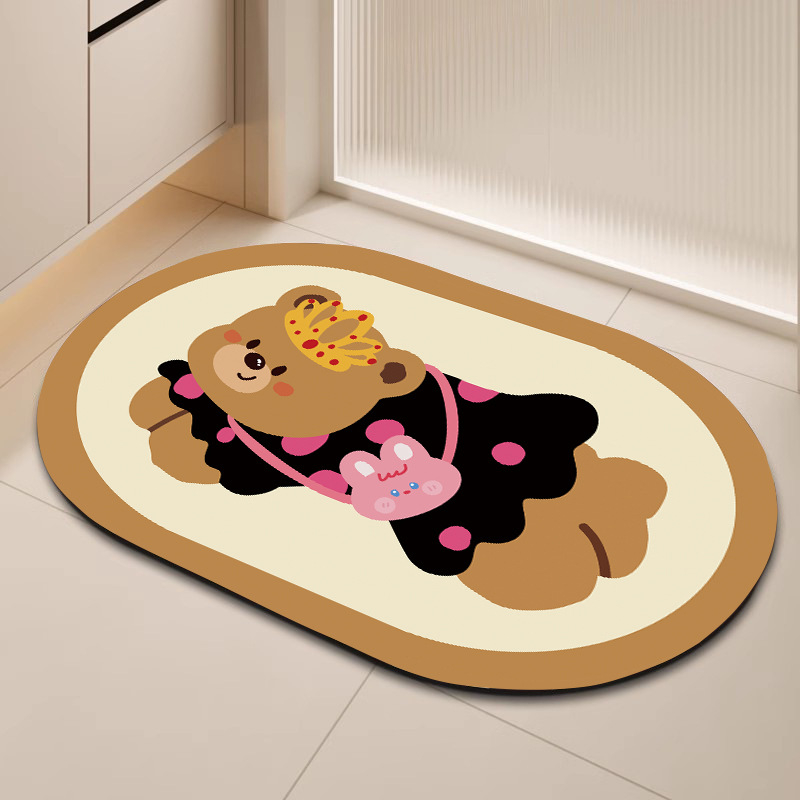 Овална подложка за баня с мотив карикатурни животни, абсорбираща и антихлъзгаща, измиваща се, материал: натурална гума + техническа тъкан