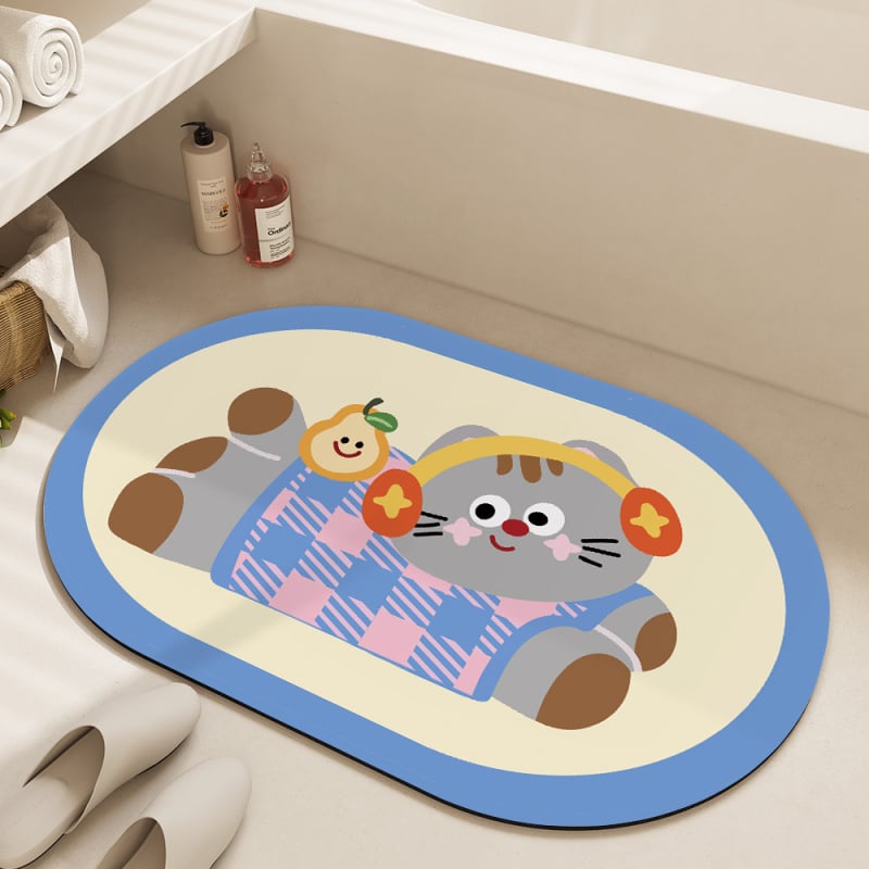 Овална подложка за баня с мотив карикатурни животни, абсорбираща и антихлъзгаща, измиваща се, материал: натурална гума + техническа тъкан