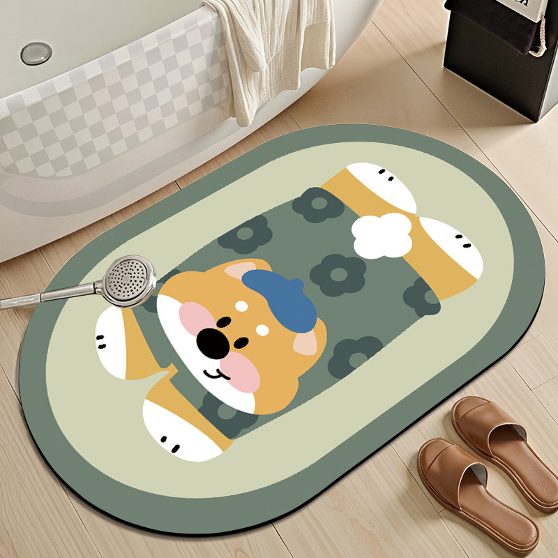 Овална подложка за баня с мотив карикатурни животни, абсорбираща и антихлъзгаща, измиваща се, материал: натурална гума + техническа тъкан
