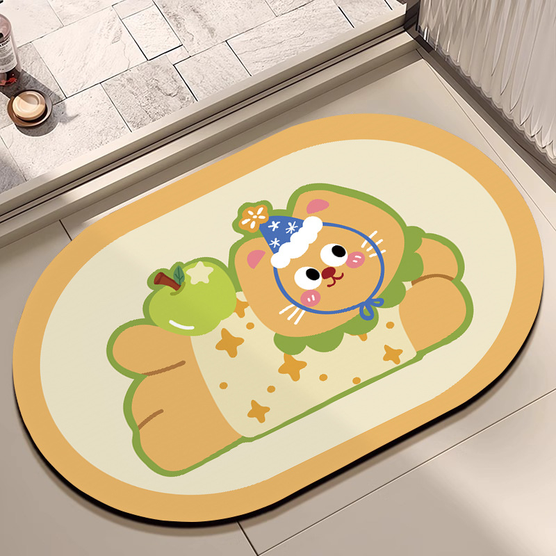 Овална подложка за баня с мотив карикатурни животни, абсорбираща и антихлъзгаща, измиваща се, материал: натурална гума + техническа тъкан