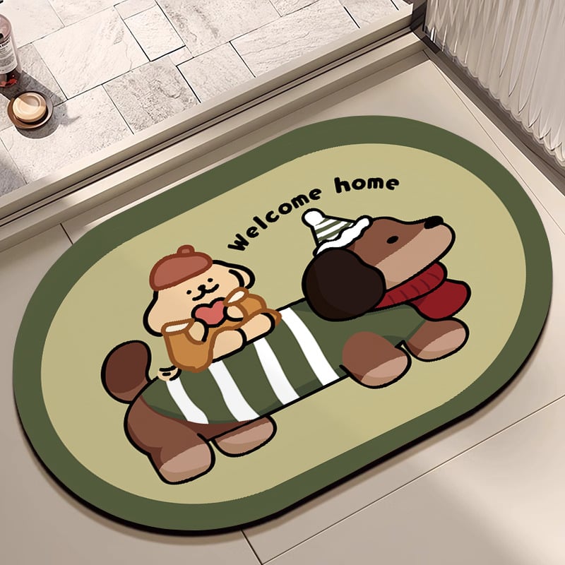 Овална подложка за баня с мотив карикатурни животни, абсорбираща и антихлъзгаща, измиваща се, материал: натурална гума + техническа тъкан