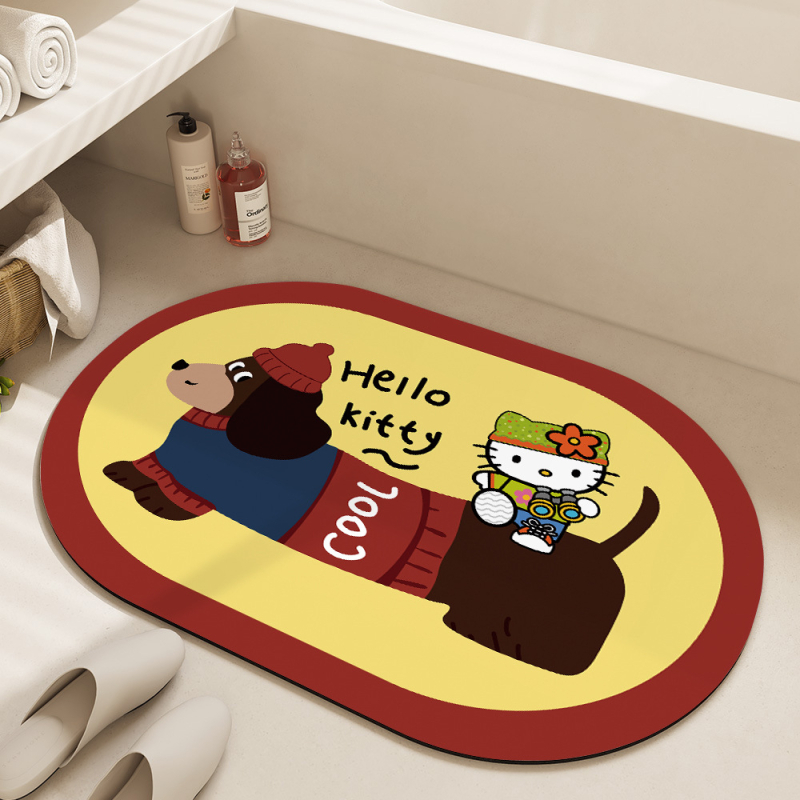 Овална подложка за баня с мотив карикатурни животни, абсорбираща и антихлъзгаща, измиваща се, материал: натурална гума + техническа тъкан