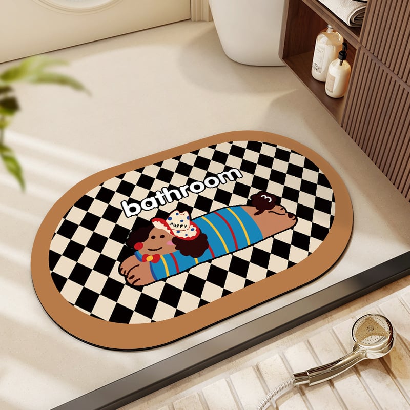 Овална подложка за баня с мотив карикатурни животни, абсорбираща и антихлъзгаща, измиваща се, материал: натурална гума + техническа тъкан