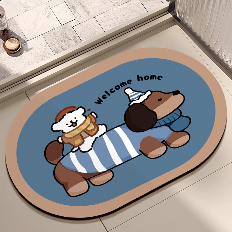 Овална подложка за баня с мотив карикатурни животни, абсорбираща и антихлъзгаща, измиваща се, материал: натурална гума + техническа тъкан