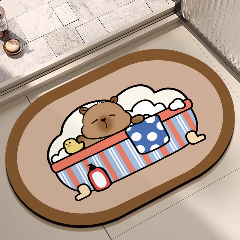 Овална подложка за баня с мотив карикатурни животни, абсорбираща и антихлъзгаща, измиваща се, материал: натурална гума + техническа тъкан