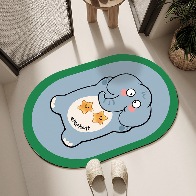 Овална подложка за баня с мотив карикатурни животни, абсорбираща и антихлъзгаща, измиваща се, материал: натурална гума + техническа тъкан