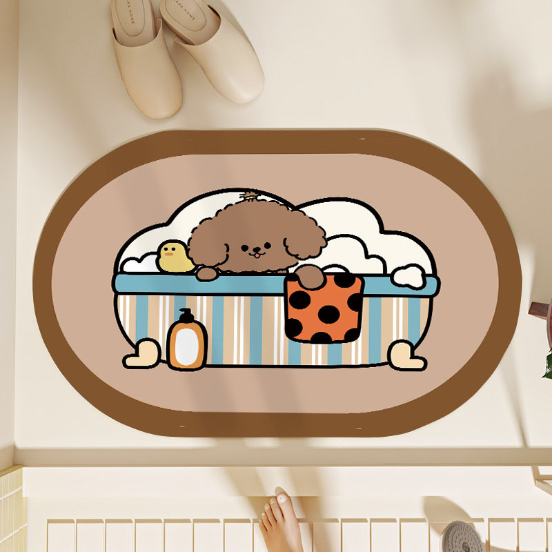 Овална подложка за баня с мотив карикатурни животни, абсорбираща и антихлъзгаща, измиваща се, материал: натурална гума + техническа тъкан