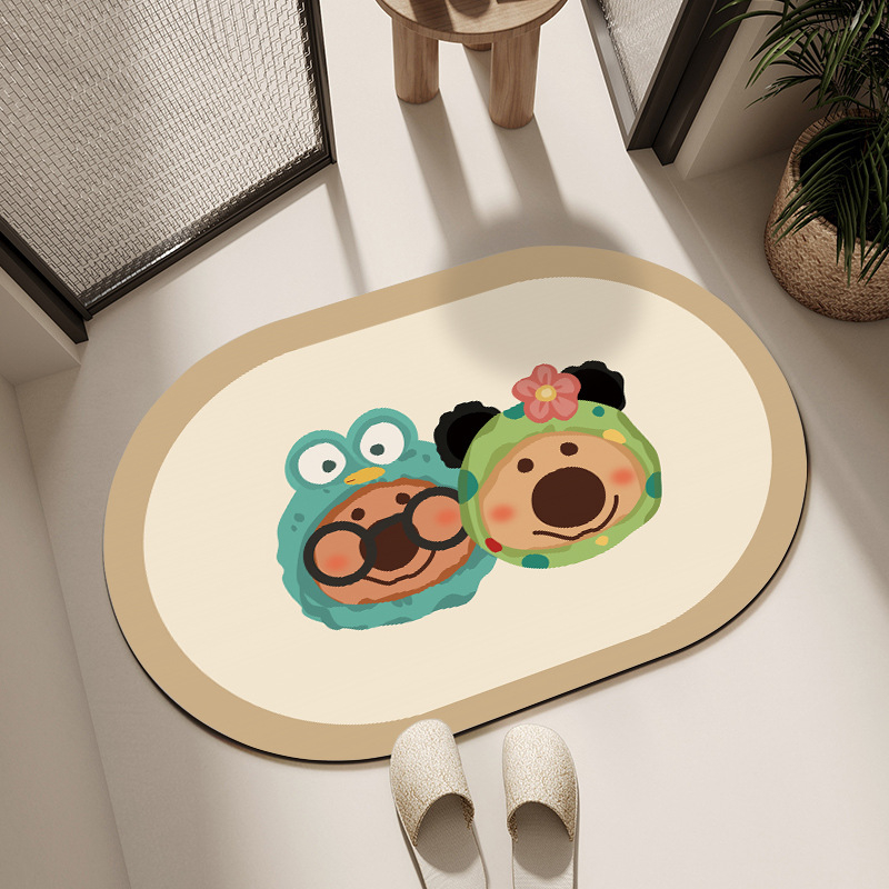 Овална подложка за баня с мотив карикатурни животни, абсорбираща и антихлъзгаща, измиваща се, материал: натурална гума + техническа тъкан