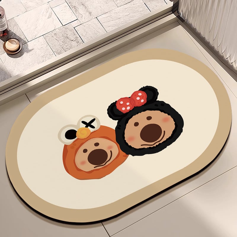 Овална подложка за баня с мотив карикатурни животни, абсорбираща и антихлъзгаща, измиваща се, материал: натурална гума + техническа тъкан