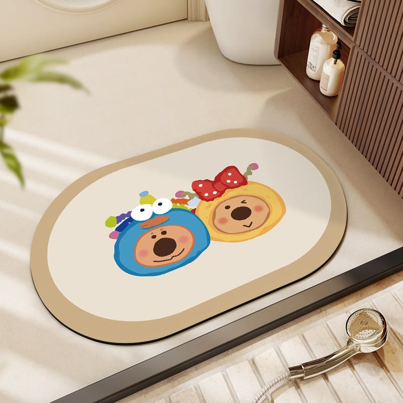 Овална подложка за баня с мотив карикатурни животни, абсорбираща и антихлъзгаща, измиваща се, материал: натурална гума + техническа тъкан