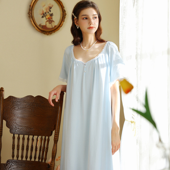 Női kötött pamut hálóing, nyár, könnyű vékony anyag, kerek nyakú, laza hosszú fazon, francia retro hercegnő palota-stílusú otthoni viselet
