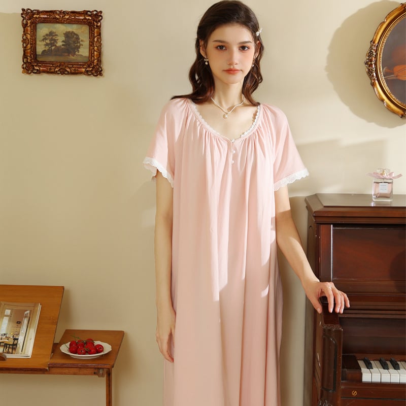 Női kötött pamut hálóing, nyár, könnyű vékony anyag, kerek nyakú, laza hosszú fazon, francia retro hercegnő palota-stílusú otthoni viselet