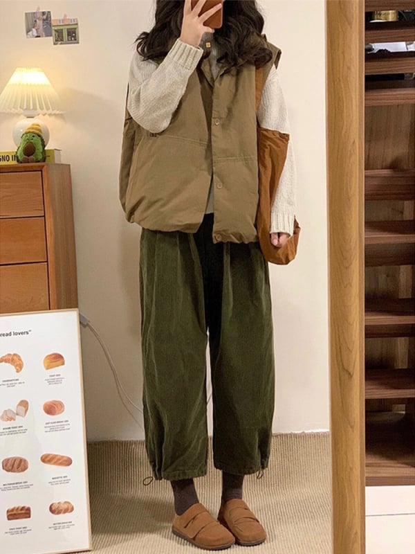 Trudničke hlače od corduroya s fleece podstavom, jogger kroj, skraćene dužine, jesen-zima, petite, haremski stil, ravne i široke nogavice, kod 12189