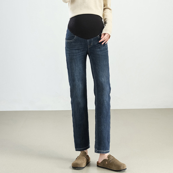 Kismama farmernadrág, egyenes szabású, rövid hossz, fleece-béléses a tavasz-ősz és tél számára, hasi támasz