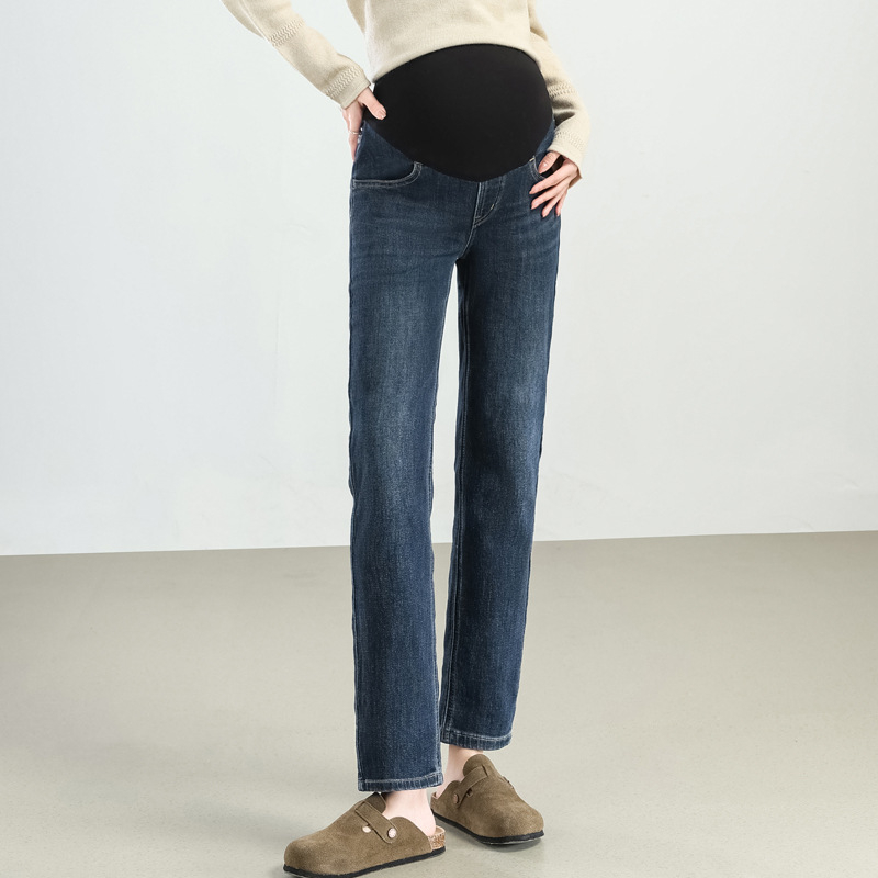 Kismama farmernadrág, egyenes szabású, rövid hossz, fleece-béléses a tavasz-ősz és tél számára, hasi támasz