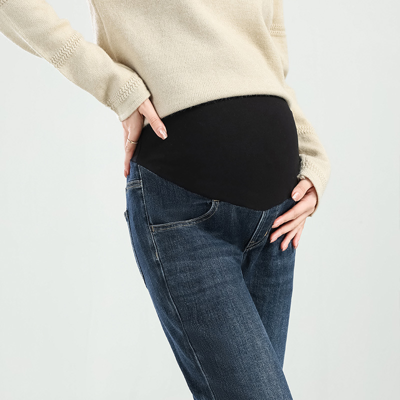 Kismama farmernadrág, egyenes szabású, rövid hossz, fleece-béléses a tavasz-ősz és tél számára, hasi támasz