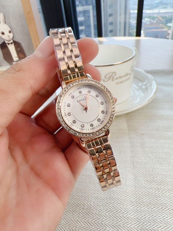 Ceas de damă quartz cu curea din piele ecologică, cadran rotund, afișaj analog, carcasă din aliaj