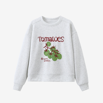 Paradicsom hímzéses fleece pulóver, laza fazon, hosszú ujjú, kerek nyakú, pamut-poliészter keverék, őszi 2025