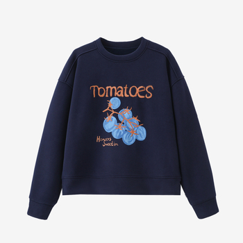 Paradicsom hímzéses fleece pulóver, laza fazon, hosszú ujjú, kerek nyakú, pamut-poliészter keverék, őszi 2025