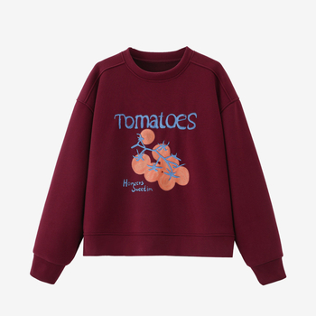 Paradicsom hímzéses fleece pulóver, laza fazon, hosszú ujjú, kerek nyakú, pamut-poliészter keverék, őszi 2025