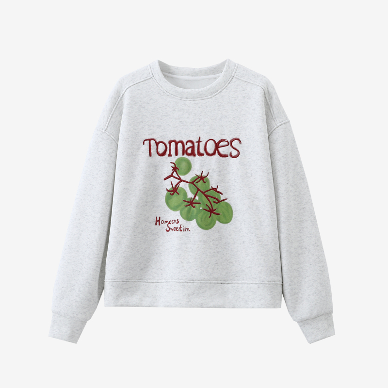 Paradicsom hímzéses fleece pulóver, laza fazon, hosszú ujjú, kerek nyakú, pamut-poliészter keverék, őszi 2025