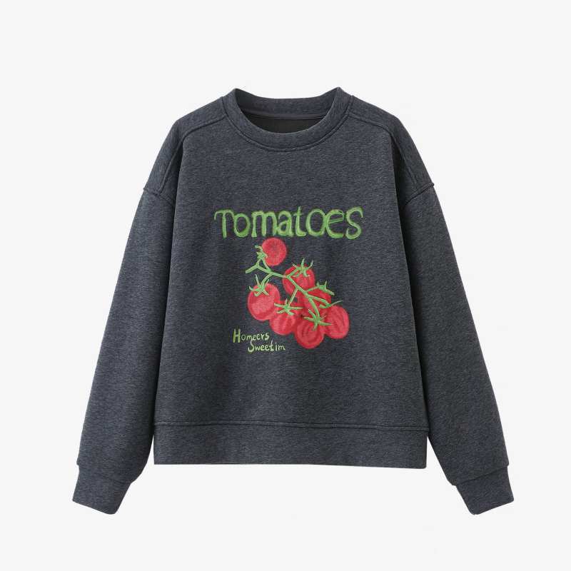 Paradicsom hímzéses fleece pulóver, laza fazon, hosszú ujjú, kerek nyakú, pamut-poliészter keverék, őszi 2025