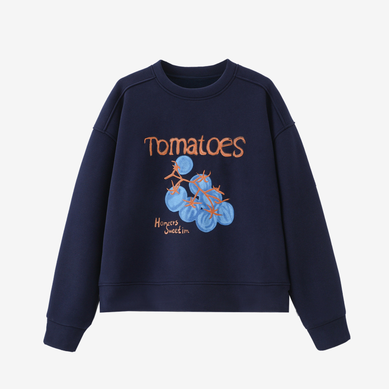 Paradicsom hímzéses fleece pulóver, laza fazon, hosszú ujjú, kerek nyakú, pamut-poliészter keverék, őszi 2025