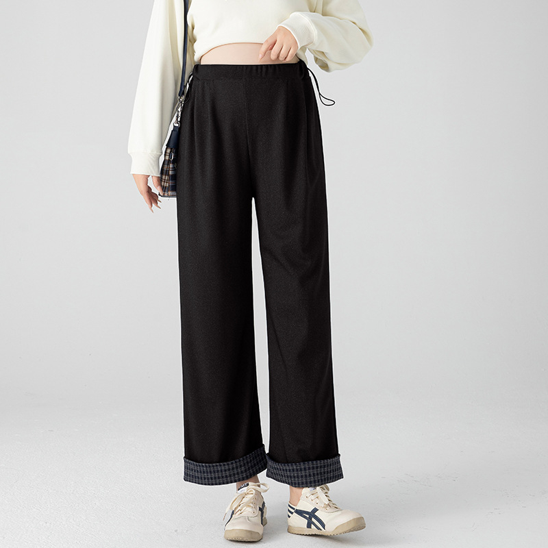 Панталони за бременни, подплатени с флис за топлина, тъкана имитация деним, широки свободни крака, дълги панталони