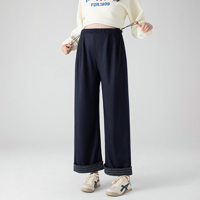 Панталони за бременни, подплатени с флис за топлина, тъкана имитация деним, широки свободни крака, дълги панталони