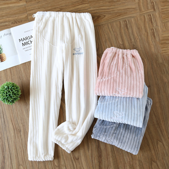 Фланелени панталони за бременни с поддръжка на корема, есенно-зимни, дебел флийс, регулируема талия, домашни панталони за носене