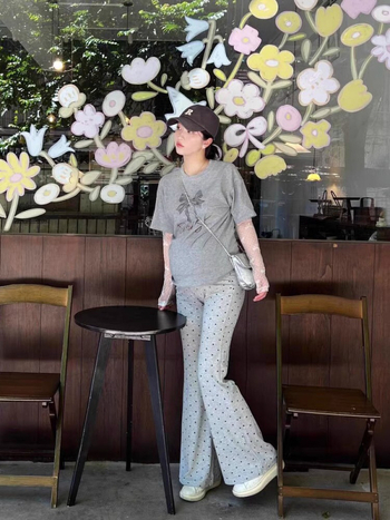 Бременни панталони с точки, есенно-зимни, подплатени с флис, широки крачоли, висока талия