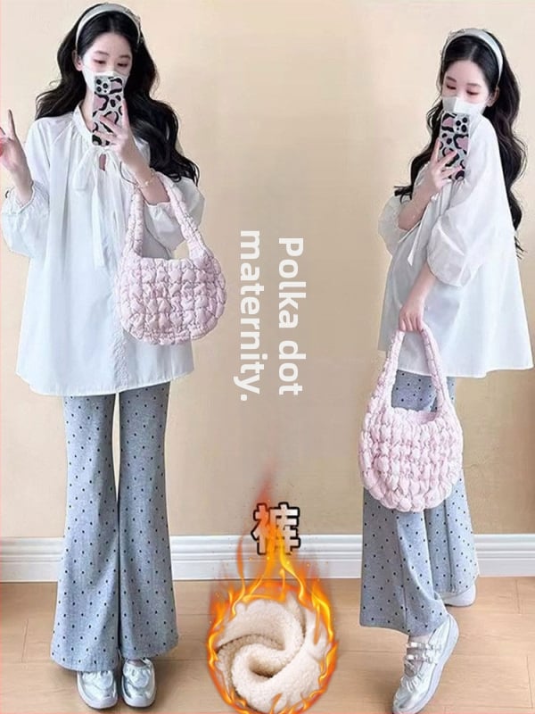 Бременни панталони с точки, есенно-зимни, подплатени с флис, широки крачоли, висока талия