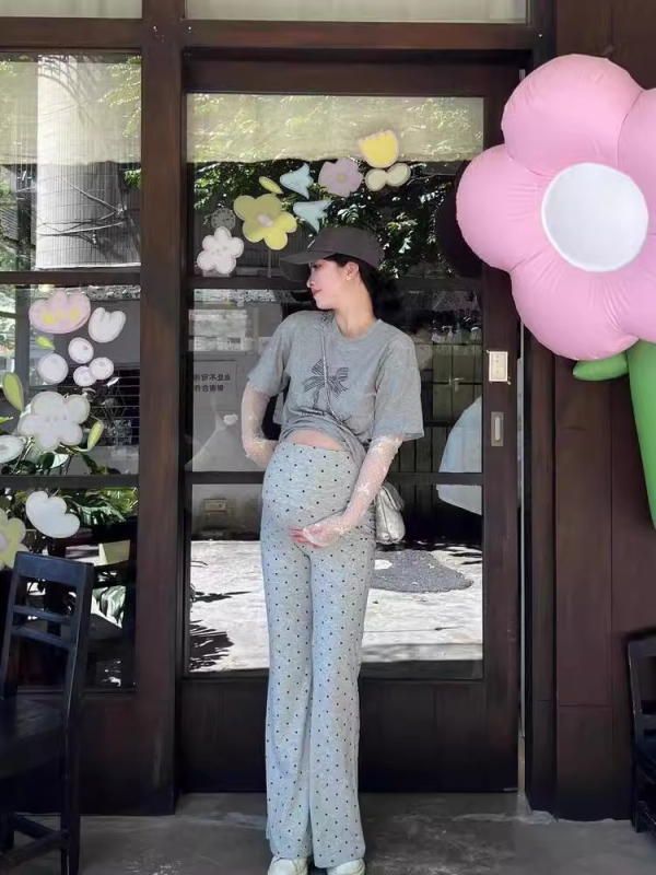 Бременни панталони с точки, есенно-зимни, подплатени с флис, широки крачоли, висока талия