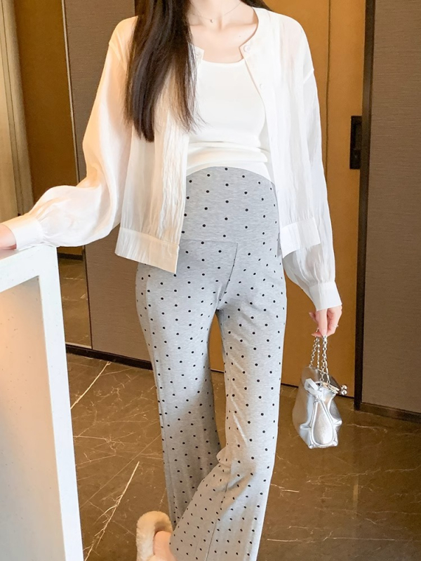 Бременни панталони с точки, есенно-зимни, подплатени с флис, широки крачоли, висока талия