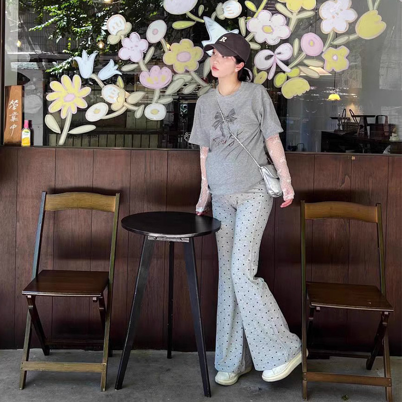 Бременни панталони с точки, есенно-зимни, подплатени с флис, широки крачоли, висока талия