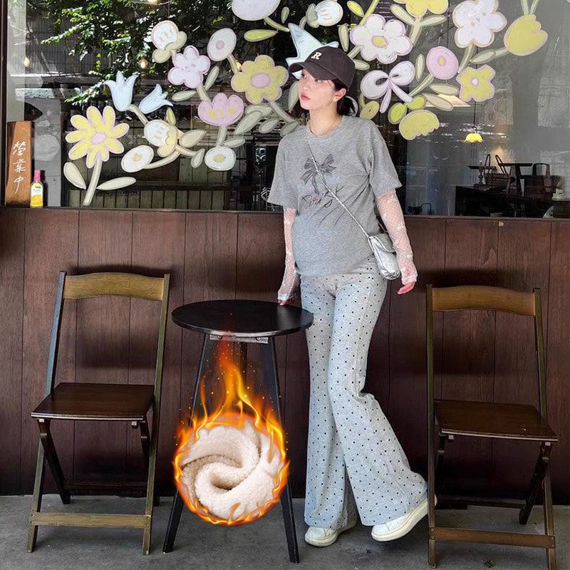 Бременни панталони с точки, есенно-зимни, подплатени с флис, широки крачоли, висока талия