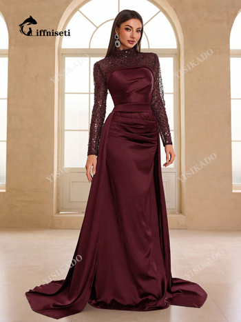 Flitteres estélyi ruha partira, hosszú ujjú, álló gallér, poliészter–spandex keverék, hosszú fazon, elegáns vonal