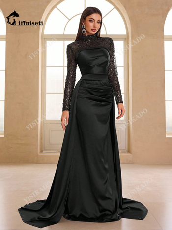 Flitteres estélyi ruha partira, hosszú ujjú, álló gallér, poliészter–spandex keverék, hosszú fazon, elegáns vonal