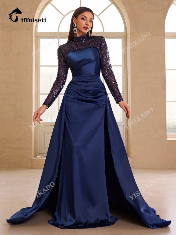 Flitteres estélyi ruha partira, hosszú ujjú, álló gallér, poliészter–spandex keverék, hosszú fazon, elegáns vonal